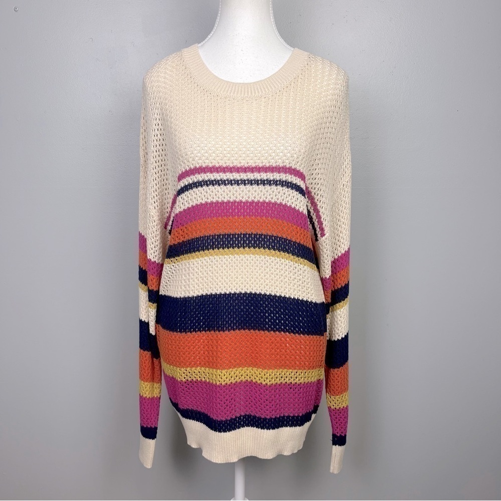 Anna-Kaci 100% viscose open loose knit beige multicolor stripe sweater, large.